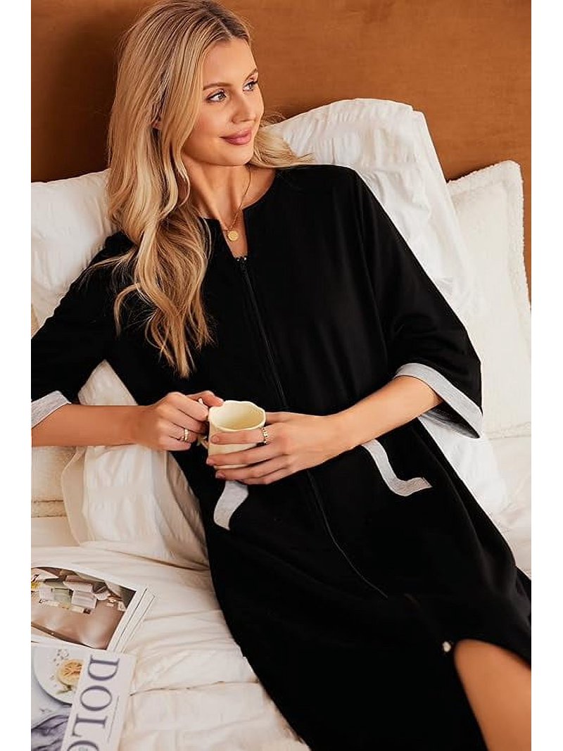 2025 Women's Zipper Front Long Robe – 3/4 Sleeve Loungewear Nightgown With Pockets