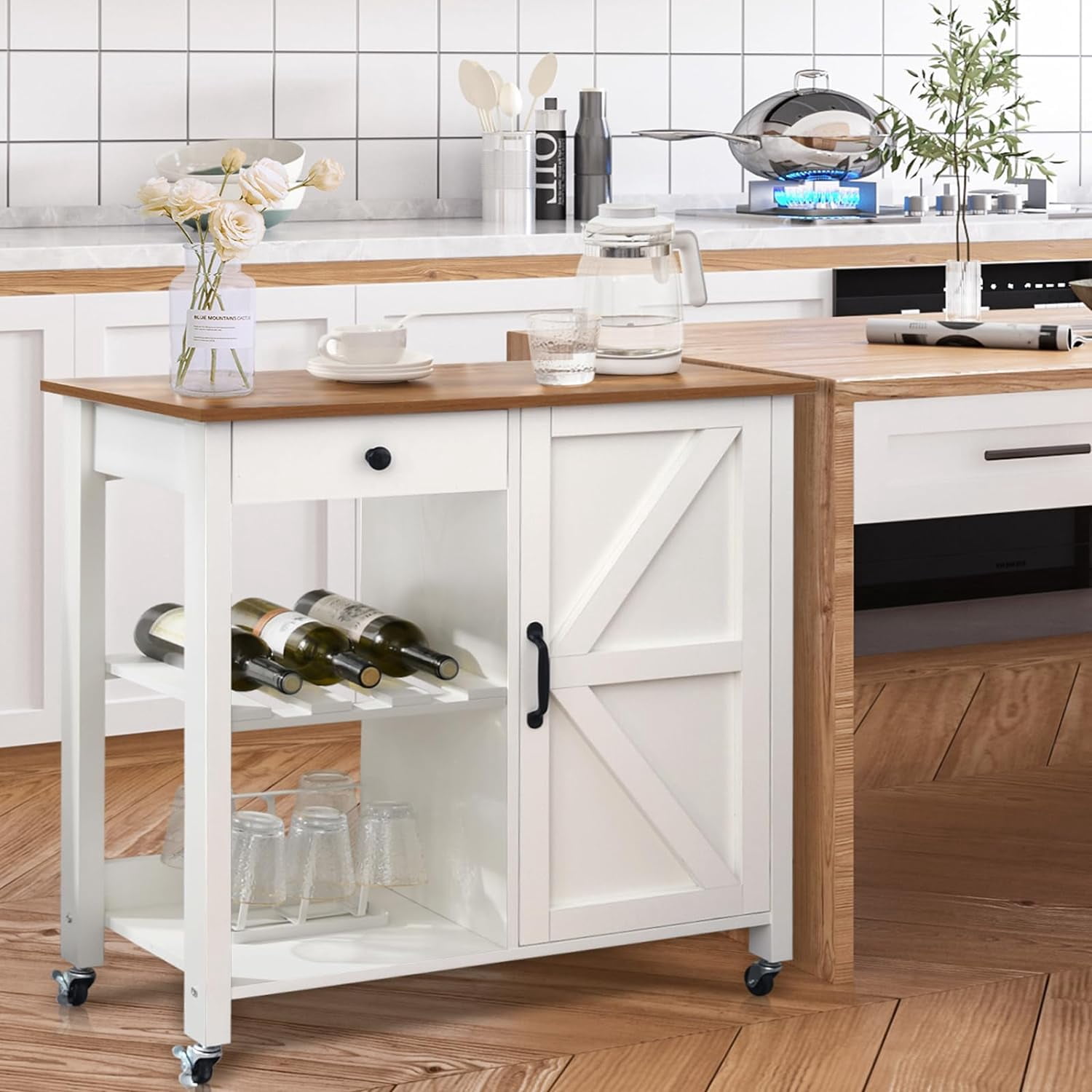 Kitchen Island Cart, Farmhouse Kitchen Island with Storage Drawer Wine Rack, Kitchen Cart Microwave Stand with Adjustable Shelf Island Table for Kitchen, Living Dining Room, White