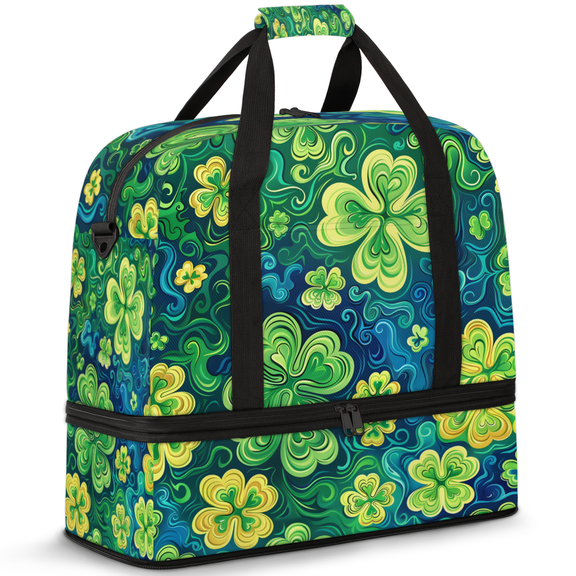 Herdesigns St Patricks Day Foldable Travel Duffle Bag for Women and Men Lightweight Carry On Overnight Bag Lucky Clover Shamrock Gym Luggage Weekender Bags with Shoe Compartment