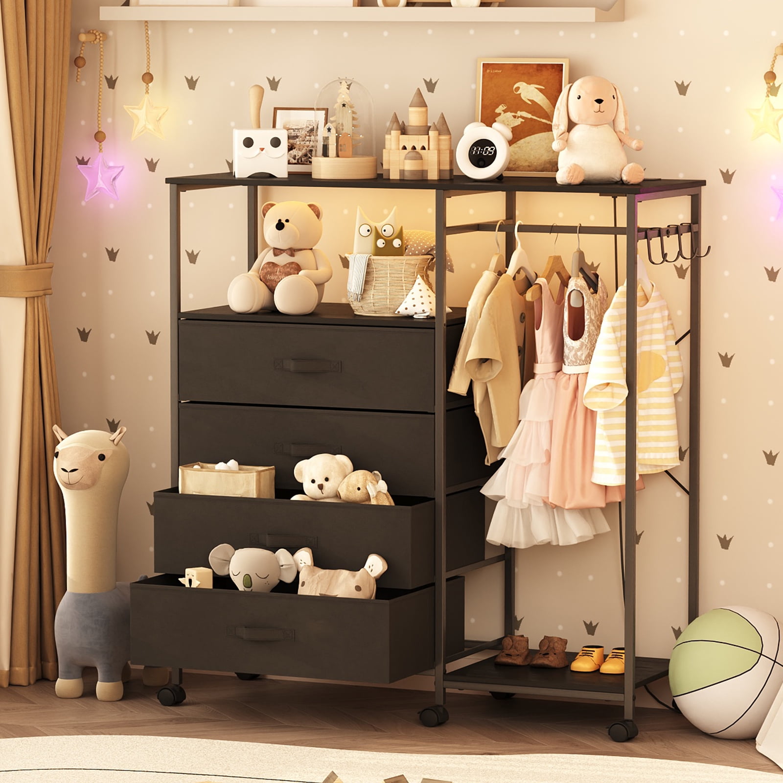 Bedroom Dresser with Hanging Rack, 4 Drawers Dresser with Charging Station and LED Lights, Storage Chest of Drawers with Wheels, Wooden Top, for Closet, Living Room Black
