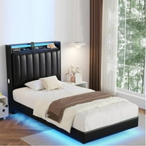 Vipuse Twin Size Floating Bed Frame with Ergonomic Hidden Storage Headboard and LED Light,Visual Floating Bed Frame with Charing Station,Leather Upholstered Platform Bed,Black