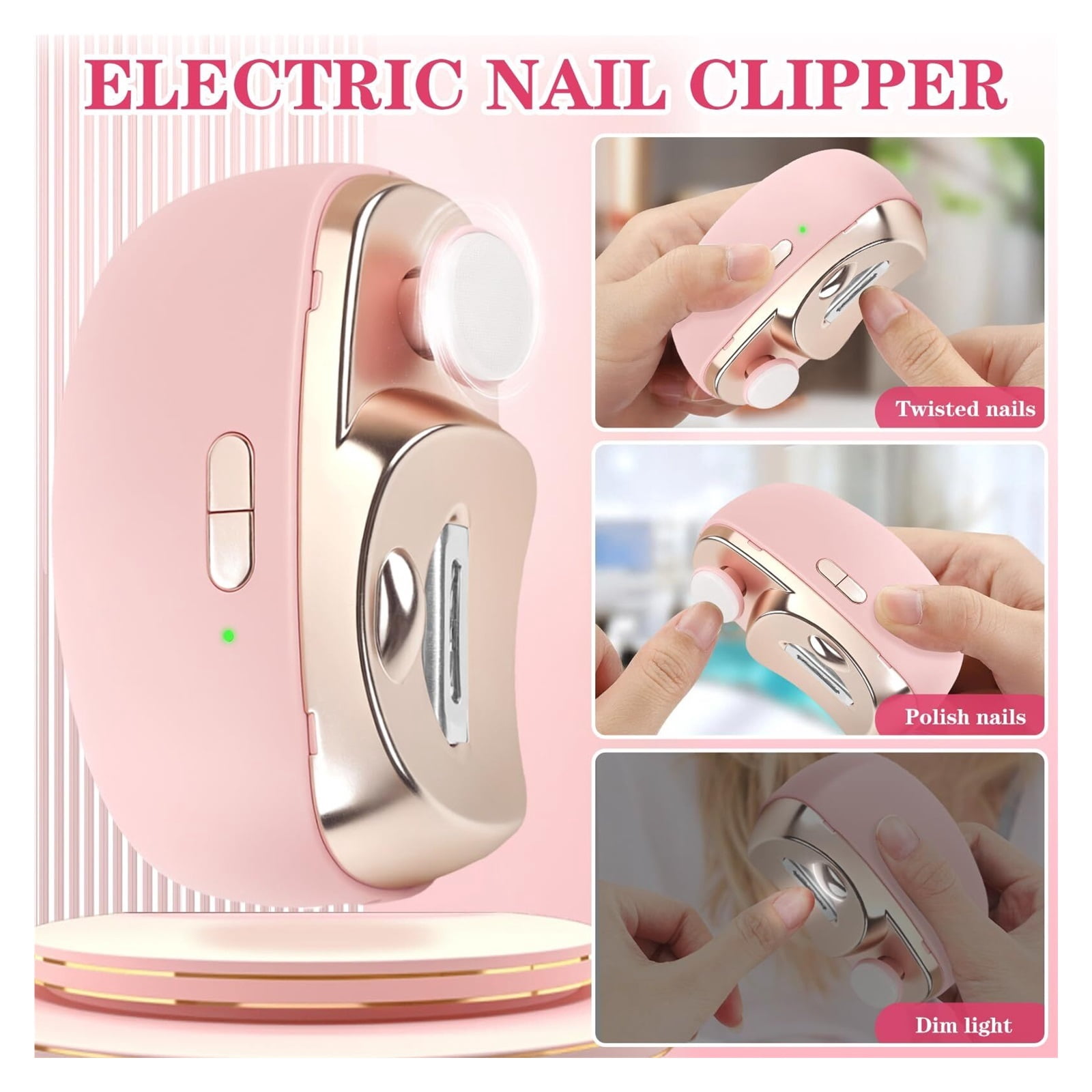 3-in-1 Electric Nail Clipper, Upgrade Electric Nail Clippers for Seniors, Automatic Electric fingernail Clippers with Collector, Excellent Electric Nail Trimmer Gift for Your Loves (Cute-Pink)