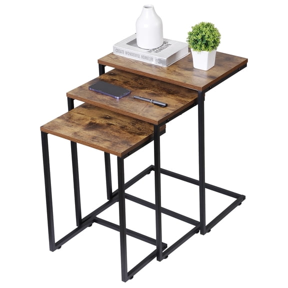 ZENSTYLE Set of 3 Nesting Side Table MDF End Tables Metal Frame Staggered Height Industrial Style