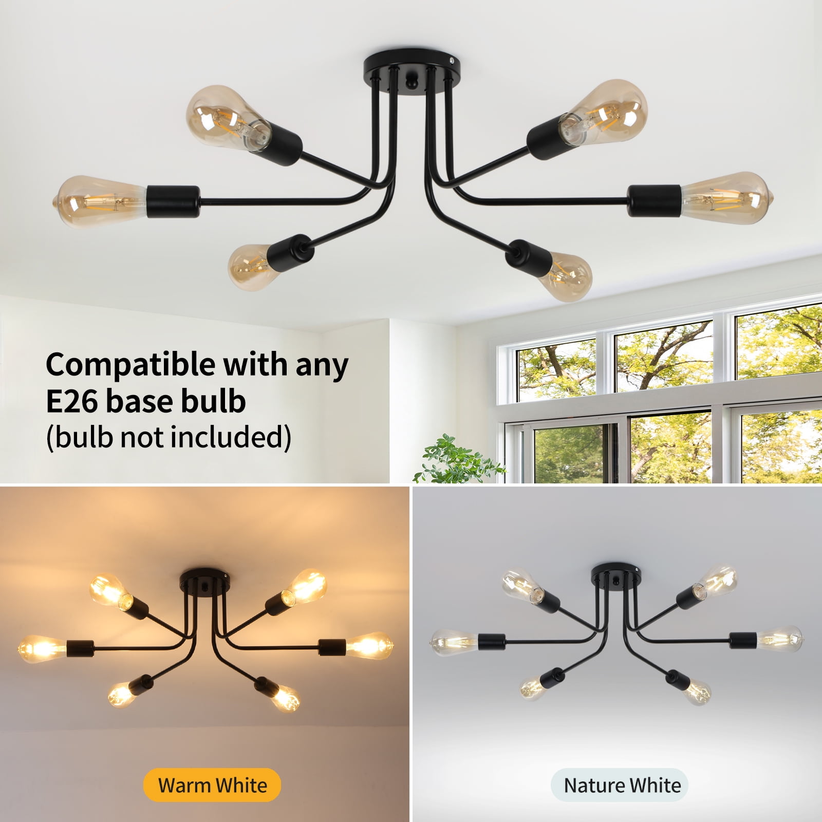HALIGATE 6 Lights Sputnik Semi Flush Mount Ceiling Light Matte Black Modern Edison Chandelier Industrial Close to Ceiling Light for Farmhouse Dining Room Kitchen Bedroom Living Room Study