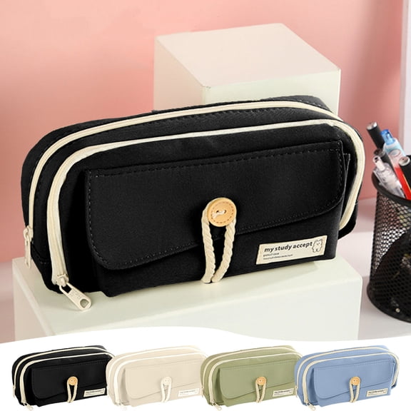 Hyknon Pencil Pouch Bag, Multi-Layer Pencil Cases with Button Flap, Large Capacity Double Zipper Stationery Pouch, Minimalist Solid Color Portable Pen Bag for Office Daily Campus Learning, Beige