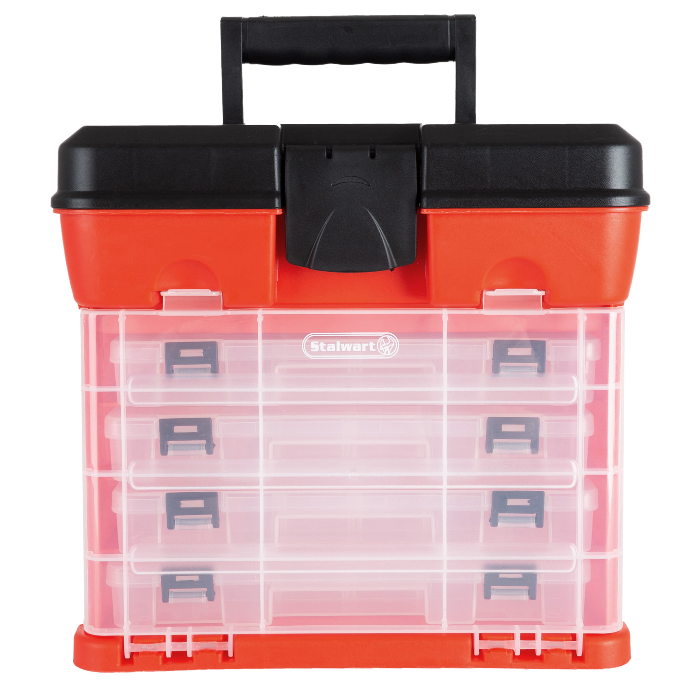 Storage Tool Box - Portable Multipurpose Organizer With Main Top  Compartment and 4 Removable Multi-Compartment Trays by Stalwart,Red,11 in x  7 in x 10