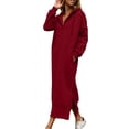 thumbnail image 2 of Wlynlyn Womens Hoodies Dress Long Sleeve Drawstring V Neck Casual Loose Hooded Sweatshirt Fall Solid Slit Sweat Dresses with Pocket, 2 of 7