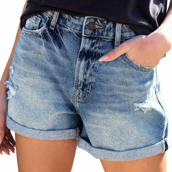 biudgviw Jean Shorts for Women Ripped High Waisted Cuffed Hem Denim Shorts Wide Leg Stetchy Lounge Streetwear Casual Shorts with Pockets