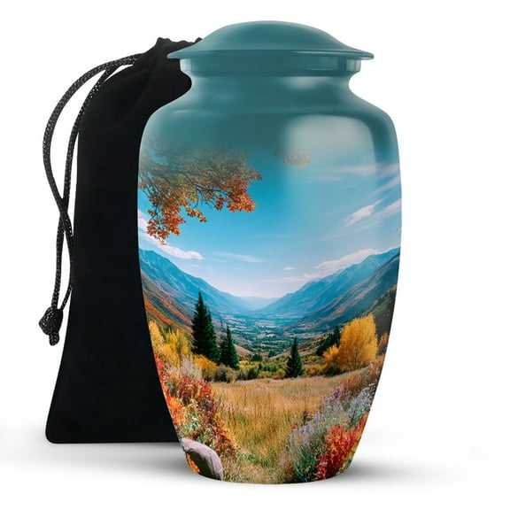 KARYLIZ Mountain Funeral Cremation Large Urn For Ashes Adult Male - Autumn in the Mountain Urns For Human Ashes Adult Man - Blue Decorative Urn For Female