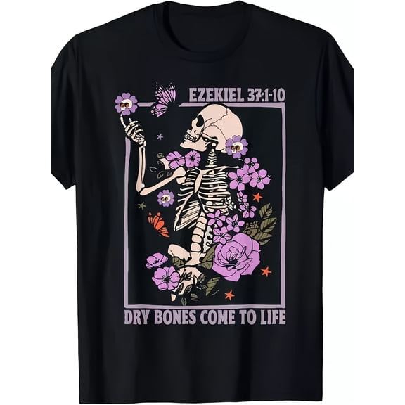 Dry Bones Come To Life Floral Skeleton Graphic T-Shirt, Unisex Cotton Crew Neck Short Sleeve Tee, Inspirational Faith Novelty Shirt, Religious Scripture Gift For Men And Women