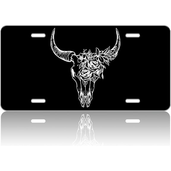 Longhorn Cattle Skull License Plate Cow License Plate Stainless Steel Front License Plate Vanity Tag Funny for Car Decorative Accessories for Women Men 6 X 12 Inch with 4 Holes