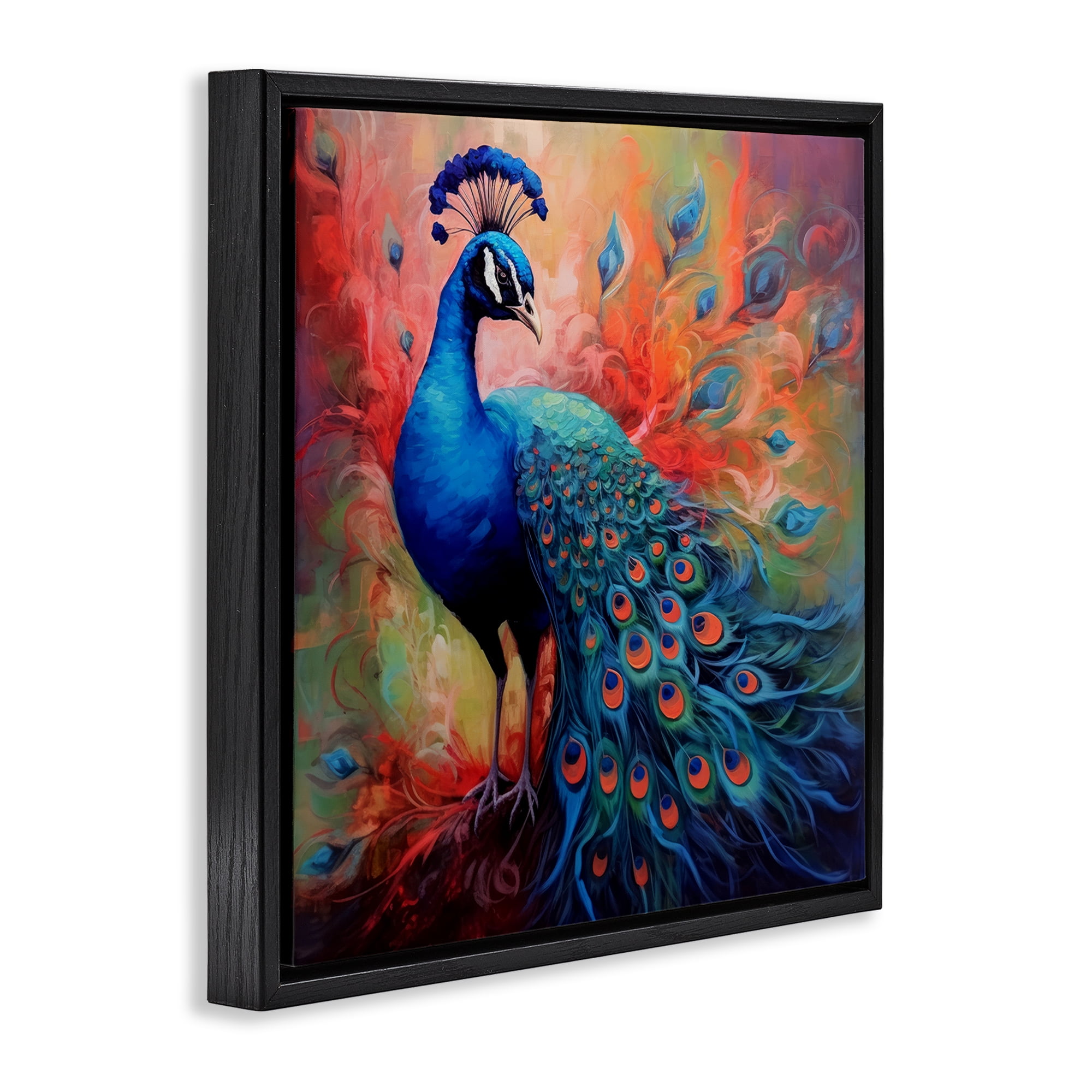 Stupell Industries Feathered Fantasy Peacock Animals Painting Black Floater Framed Canvas Art Print Wall Art, 25 x 25