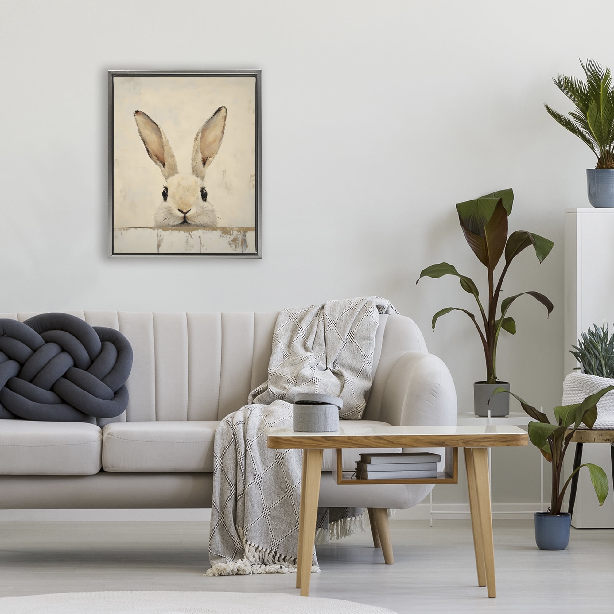Stupell Industries Peeking Bunny in Soft Neutrals Gray Framed Floater Canvas Wall Art, design by LSR Design Studio