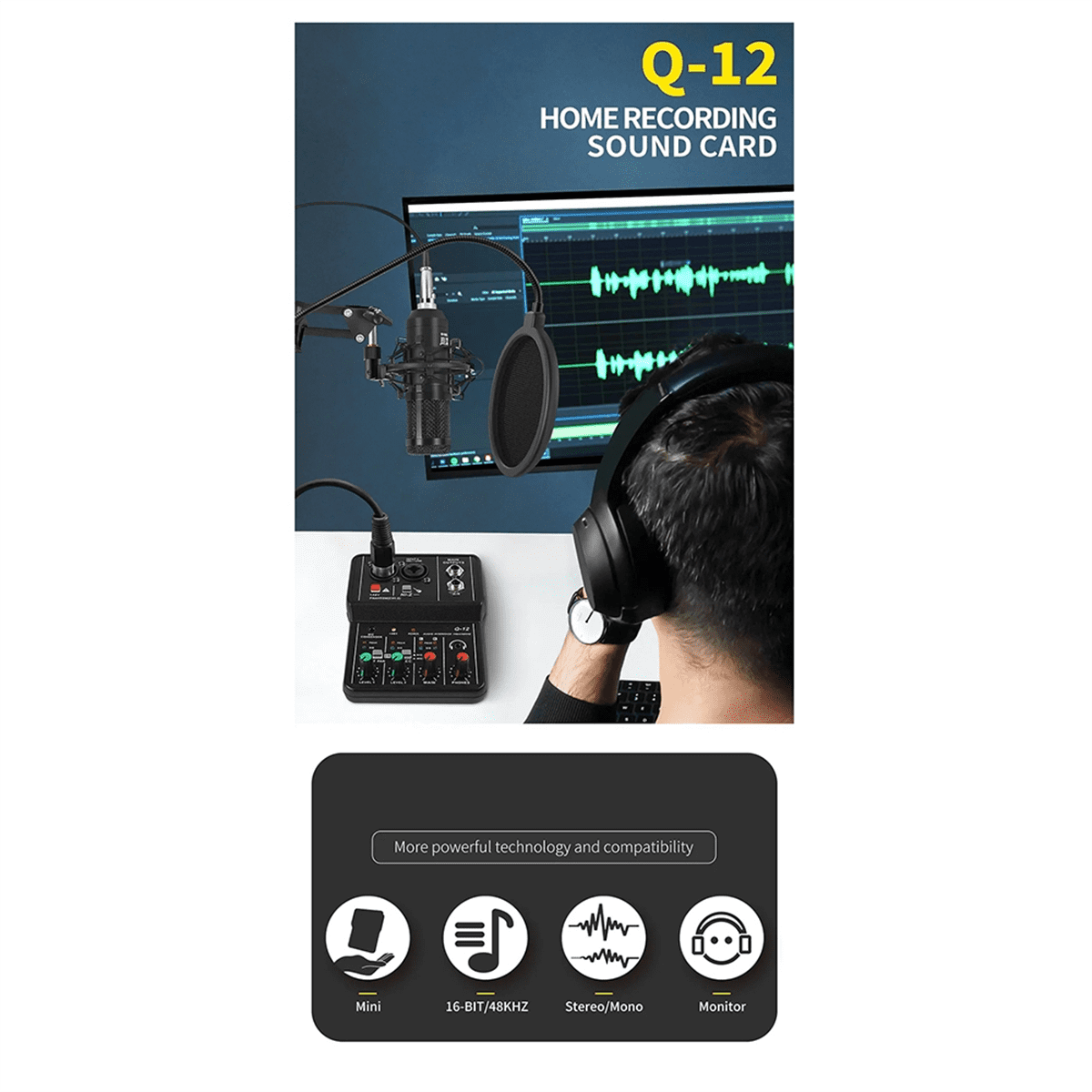 Professional Audio Mixer Sound Card with Monitor Electric Guitar Live Broadcast Recording for Studio Singing Computer PC,1 x Audio Mixer Sound Card 1 x USB Cable 1 x English instruction manual,Black