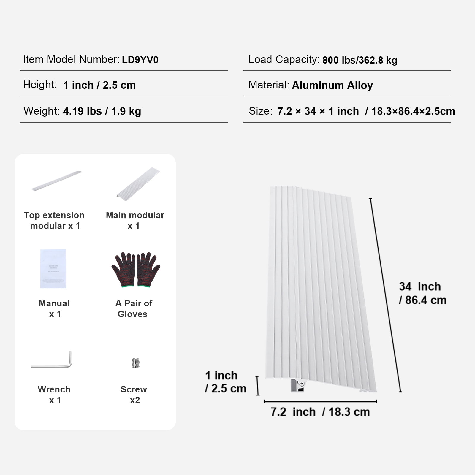 KFFKFF Aluminum Ramp, 1" High, 800 lbs Capacity, Wheelchair/Scooter Entry Solution, Adjustable for Easy Access, Power Chair Friendly, Modular for Doorways