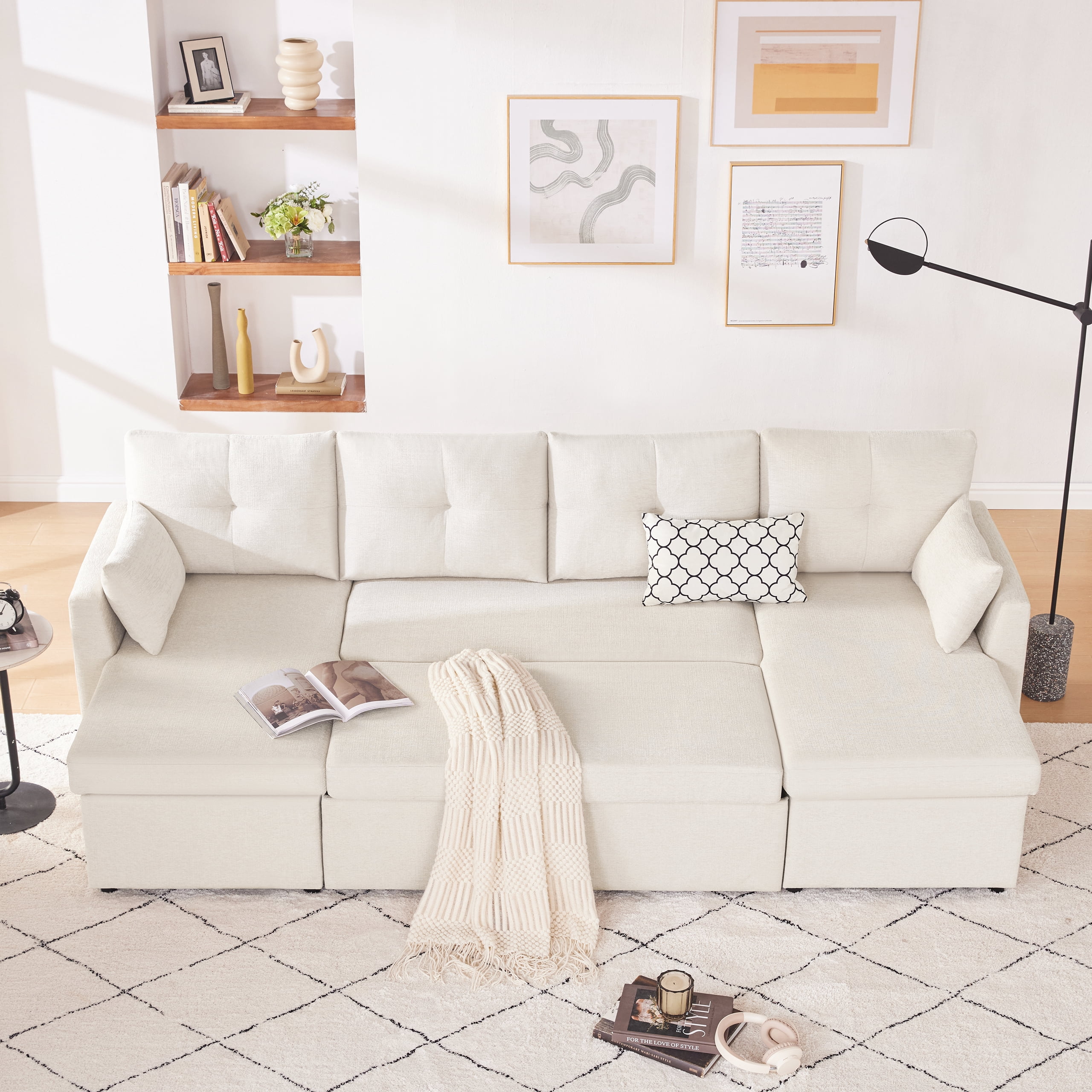 Weture Sectional Sleeper Sofa, 2 in 1 Pullout Couch Bed with Storage Chaise and Pillows, Side Pocket, Beige