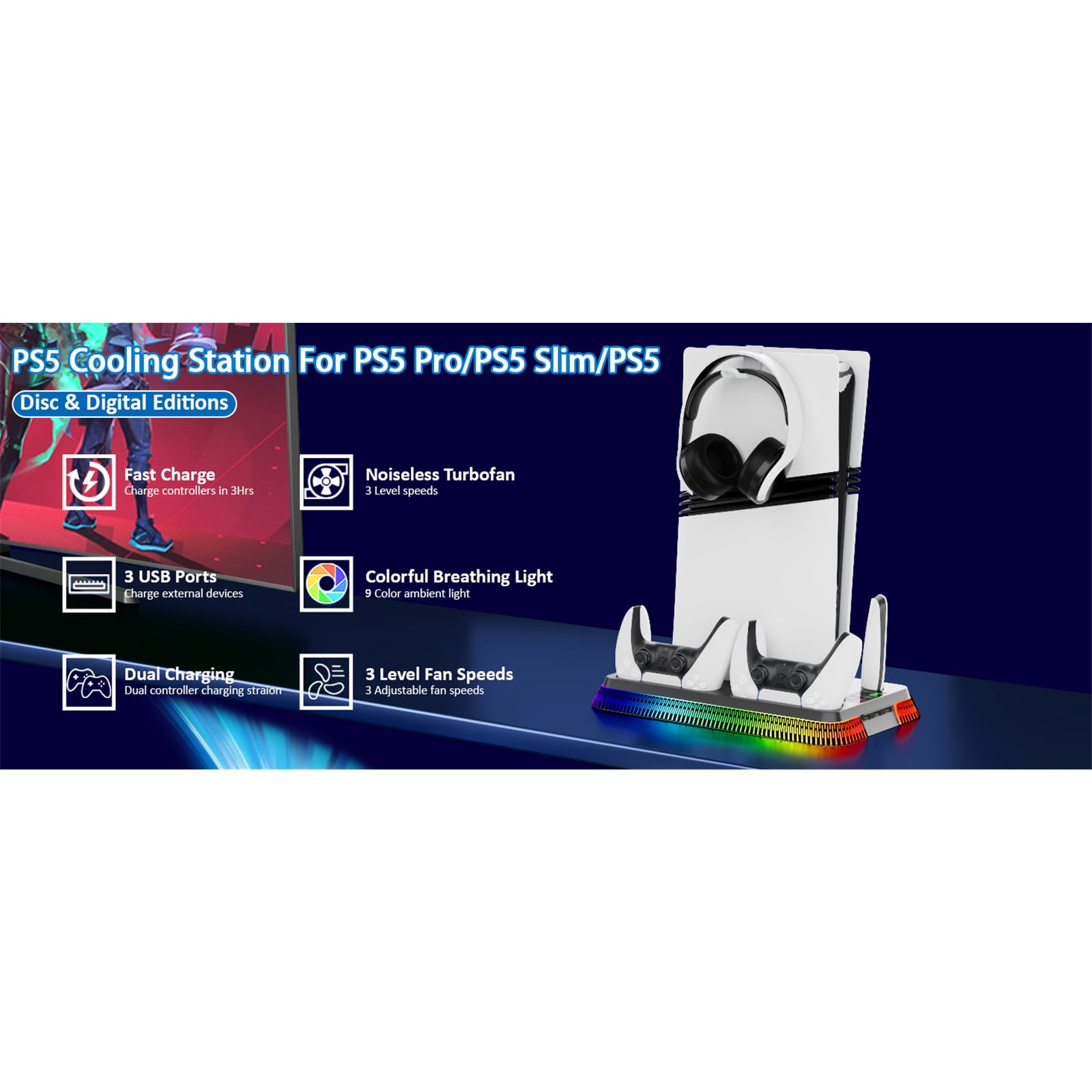 PS5/Slim/Pro Cooling Station for PlayStation 5 Console,PS5 Cooler Fan with Dual PS5 Controller Charger Incl. 3 Level Fans,Headset,USB Hubs,PS5/Slim Stand for PlayStation 5 Accessories