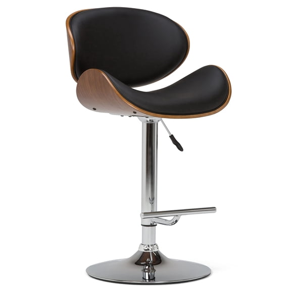 HomePerch Mid Century Modern Swivel Bar Stool, Adjustable Height Faux Leather Bar Chair with Bentwood Walnut Frame and Chrome Base, Kitchen Island Counter Height Stool, Black