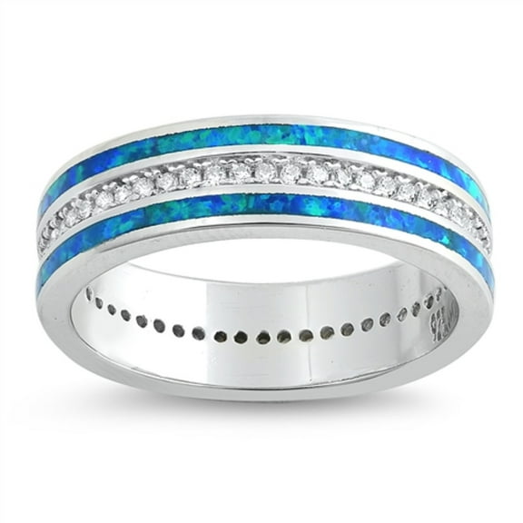 Blue Simulated Opal Fashion Eternity Ring Sterling Silver Size 8