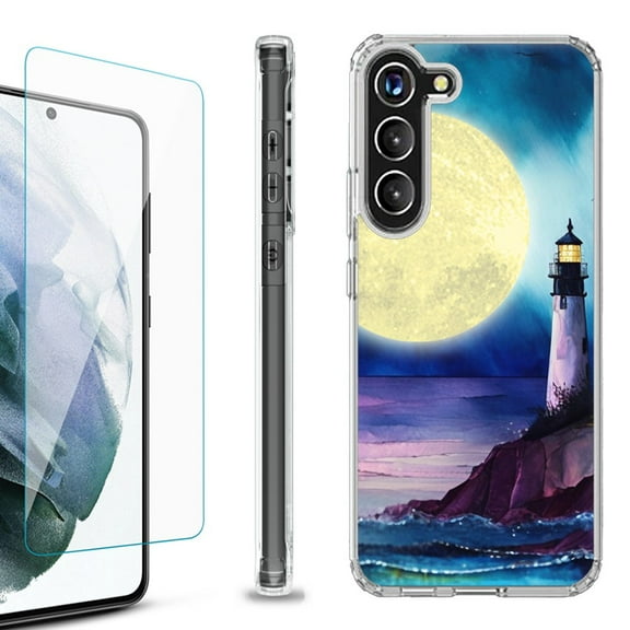 OneToughShield ® for Samsung Galaxy S23  S23 Plus 5G Shockproof Bumper Phone Case, with Tempered Glass Screen Protector - Lighthouse Moon