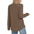 thumbnail image 4 of Waffle Knit Tops for Women Long Sleeve Loose Curved Hem Lightweight Sweatshirts Crewneck Solid Casual Fall Clothes (2XL, Brown), 4 of 7