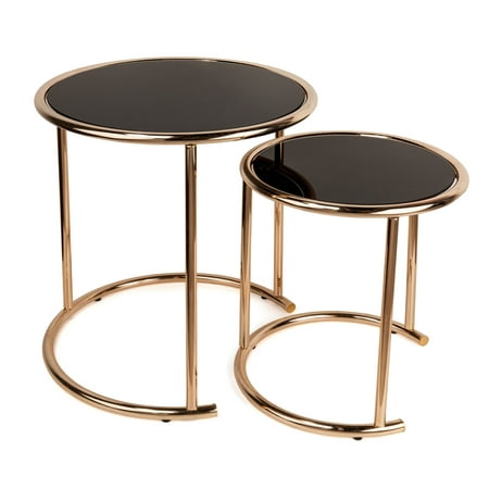 Nested End Tables Danya B. Set of 2 Nested Round End Tables with Black Glass-top and Rose Gold Metal Frame ()