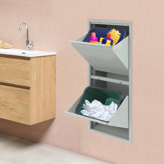 Waste Recycling Cabinet with 2 Buckets Trash and Recycling Organizer Tilt Out Trash Bin Cabinet for Kitchen, Home,Office