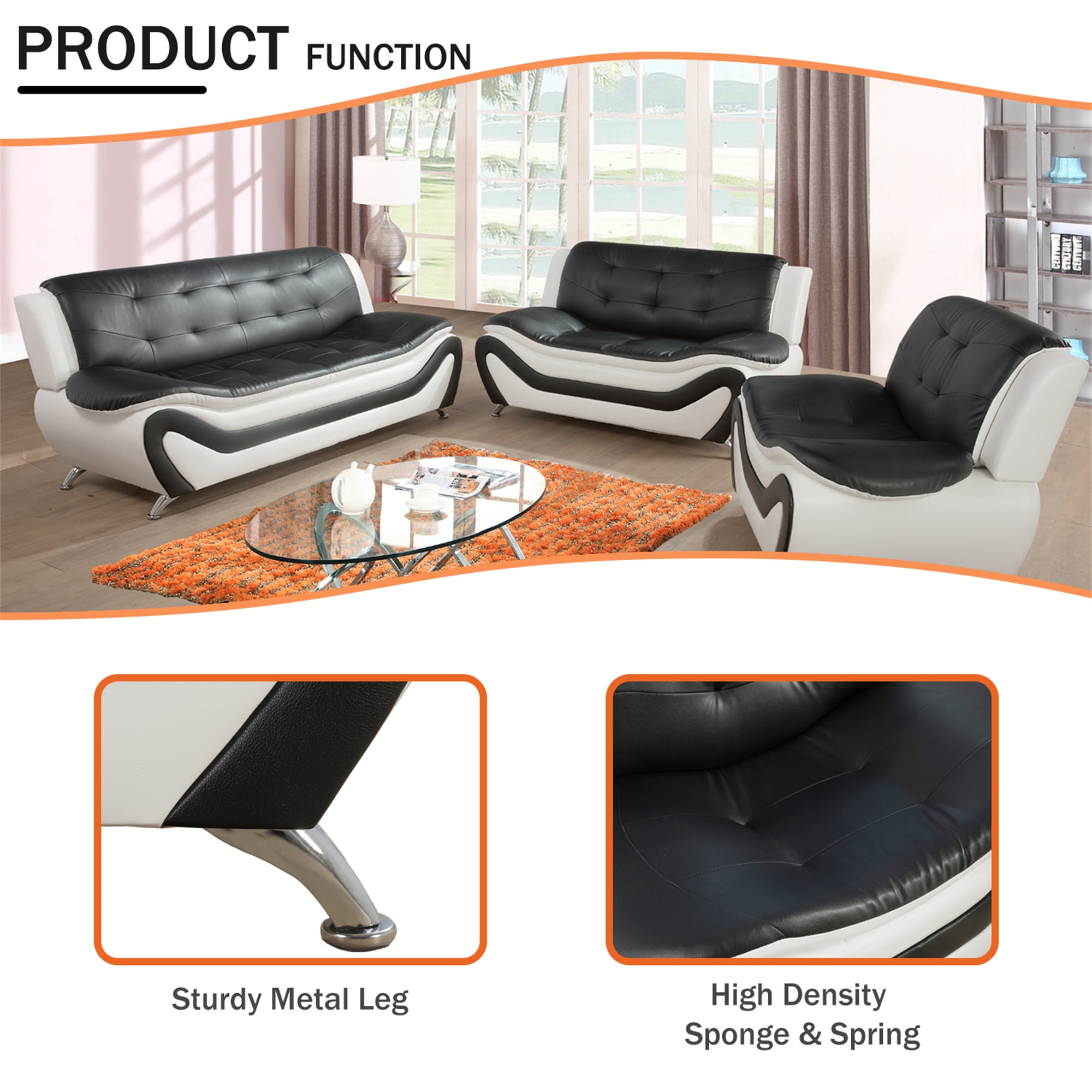 Aukfa 3 Piece Sofa Set - 42" Wide Upholstered Couch Armchair, Leather, Black&White