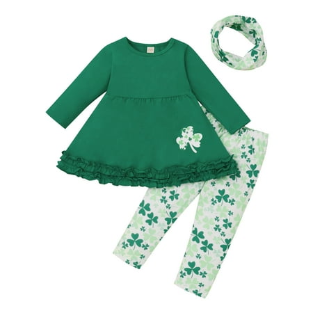 

Toddler Baby Girls Soft Set St.Patrick s Day Ruffles Tops Heart Printed Flare Pants Suit Neckerchief Top Pant Outfits Girl Sweatshirt Set