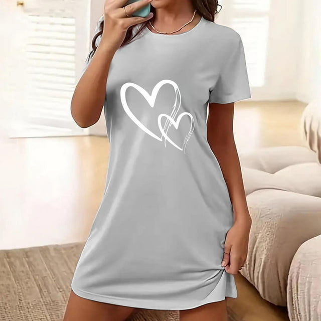 Shorts pour Femmes Grande Taille Saint-Valentin Imprimé Amour Chemise de Nuit Courte Col Rond Manches Courtes Chemise de Nuit Shorts Grande Taille pour Femmes