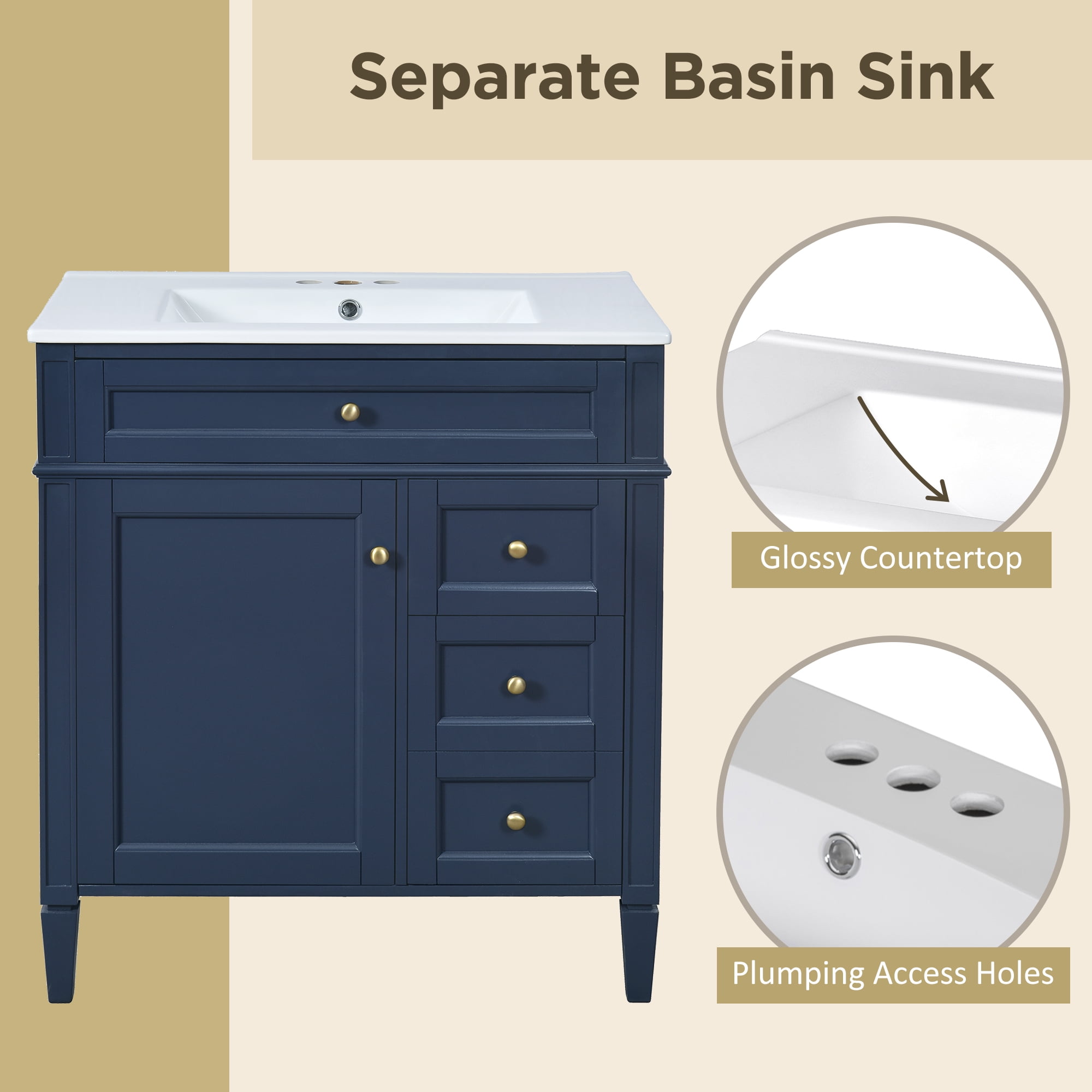 Euroco Modern Bathroom Vanity with Drawers, Cabinet Door Organizer & Tip-Out Tray,Freestanding Storage Cabinet with Sink Compatibility