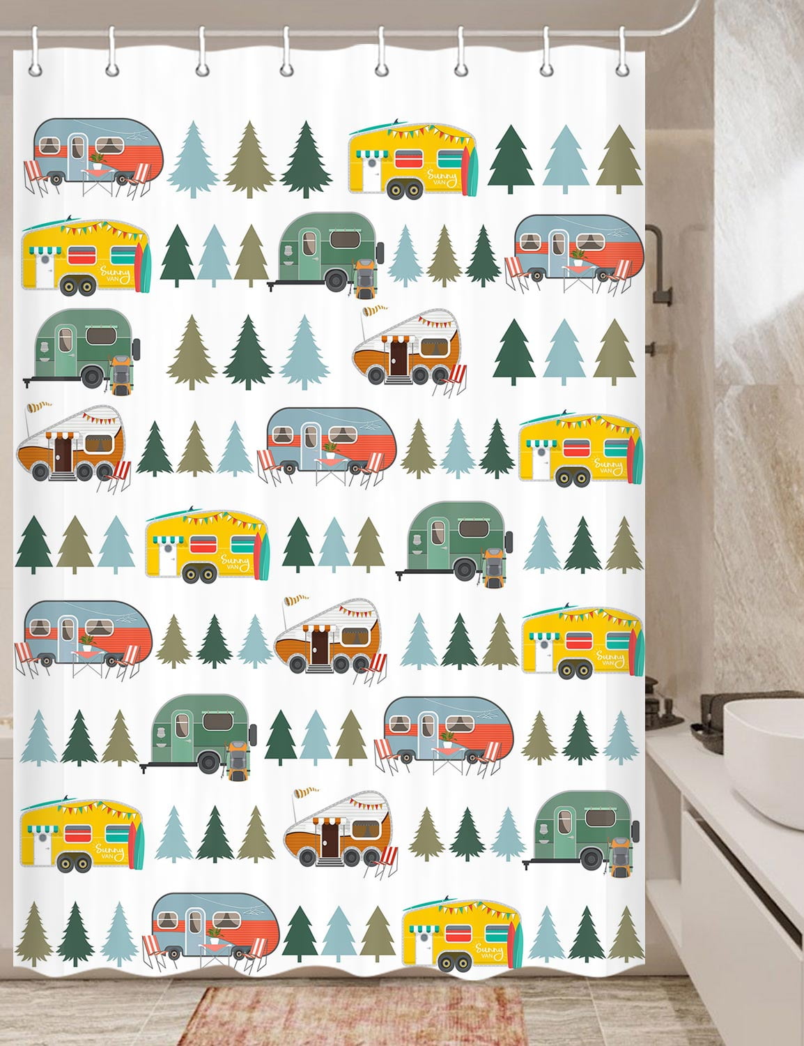 Happy Camper Shower Curtain Retro Rustic Wood Neutral Color For Travel