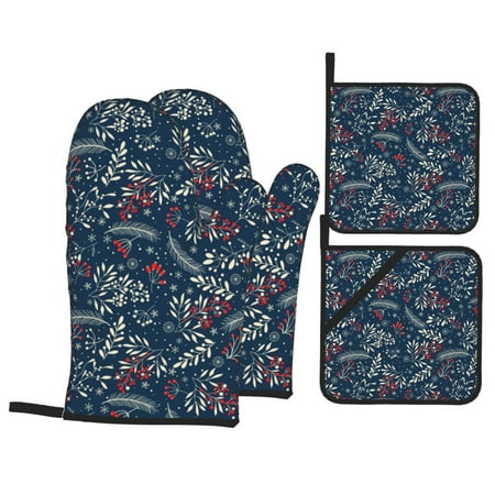 

Oven Mitts and Pot Holders 4 Piece Merry Christmas Winter Leaves High Heat Slip Resistant Oven Mitt and Trivets Set Kitchen Oven Glove Pot Holders for Cooking Baking Grilling