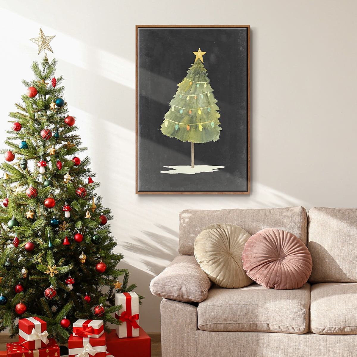 Christmas Glow I - Framed Gallery Wrapped Holiday Canvas - 17 x 25 - Rosewood Frame