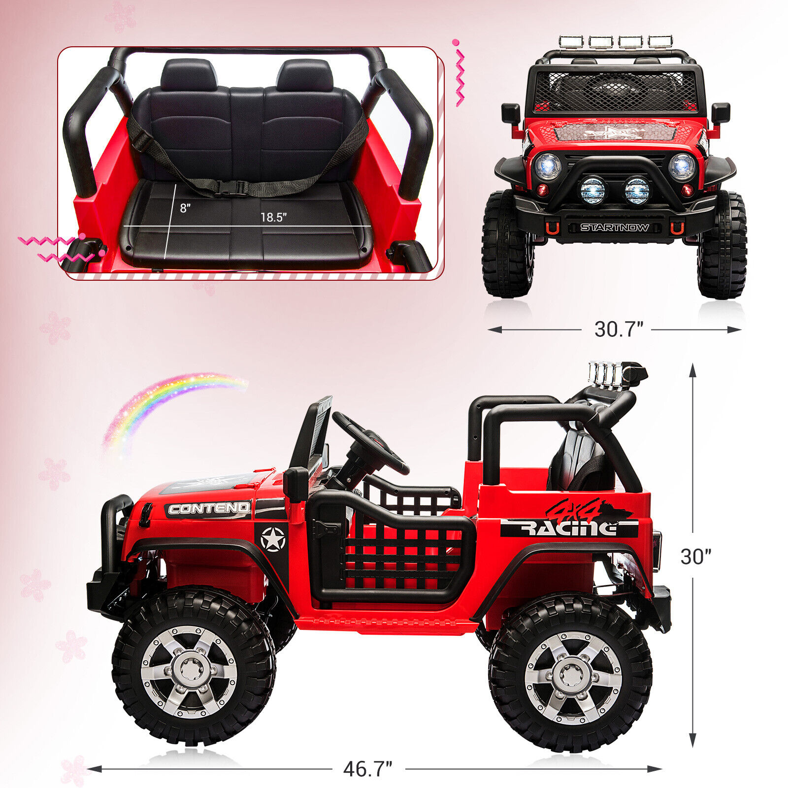 Dazone 12V Kids Ride on Jeep Car, Electric 2 Seats Off-road Jeep Ride on Truck Vehicle with Remote Control, LED Lights, MP3 Music, Red - image 5 of 7