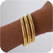 Gold Bangles for Women Chunky Stretch Bangles Bracelets Set 18K Gold Plated Stainless Steel Link Chain Bracelets Flexible Wide Wristband Bracelets Set of 3 Jewelry Gifts for Women