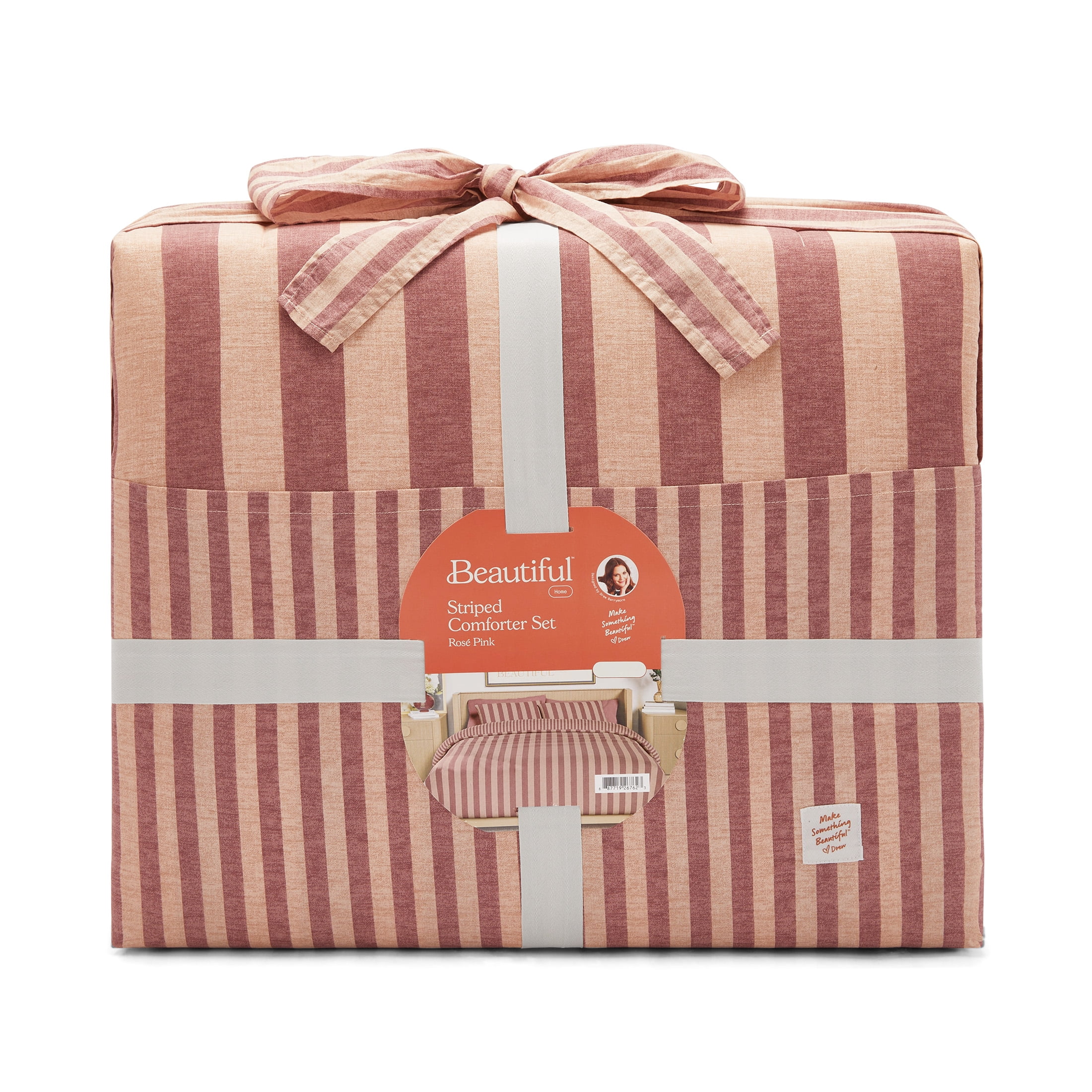 Beautiful 100% Cotton Striped 3-Piece Rosé Pink Comforter Set, King by Drew Barrymore