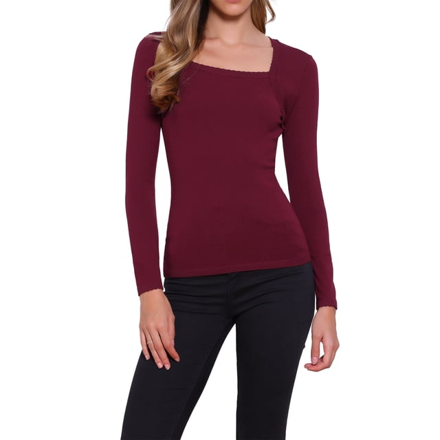 Camisetas de manga larga INSPIRE CHIC con escote cuadrado para mujeres, ropa de moda de otoño, camiseta básica XL en rojo profundo