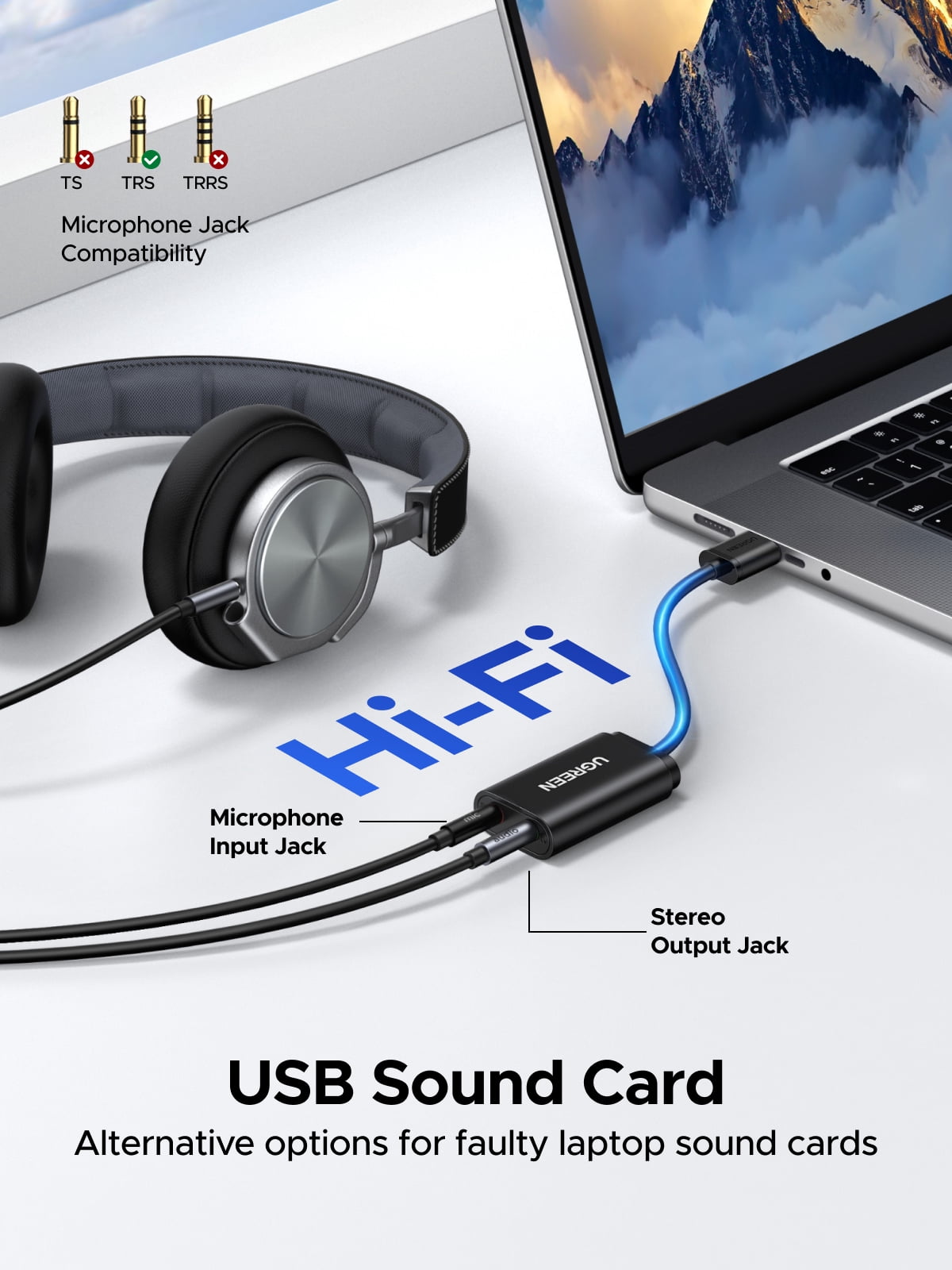 UGREEN USB to 3.5mm Audio Adapter Sound Card, External DAC 16bit 48kHz USB to Aux Adapter with Dual Headphone and Mic Jack for PC Laptop Windows,PS5, compatible with Mac - Black