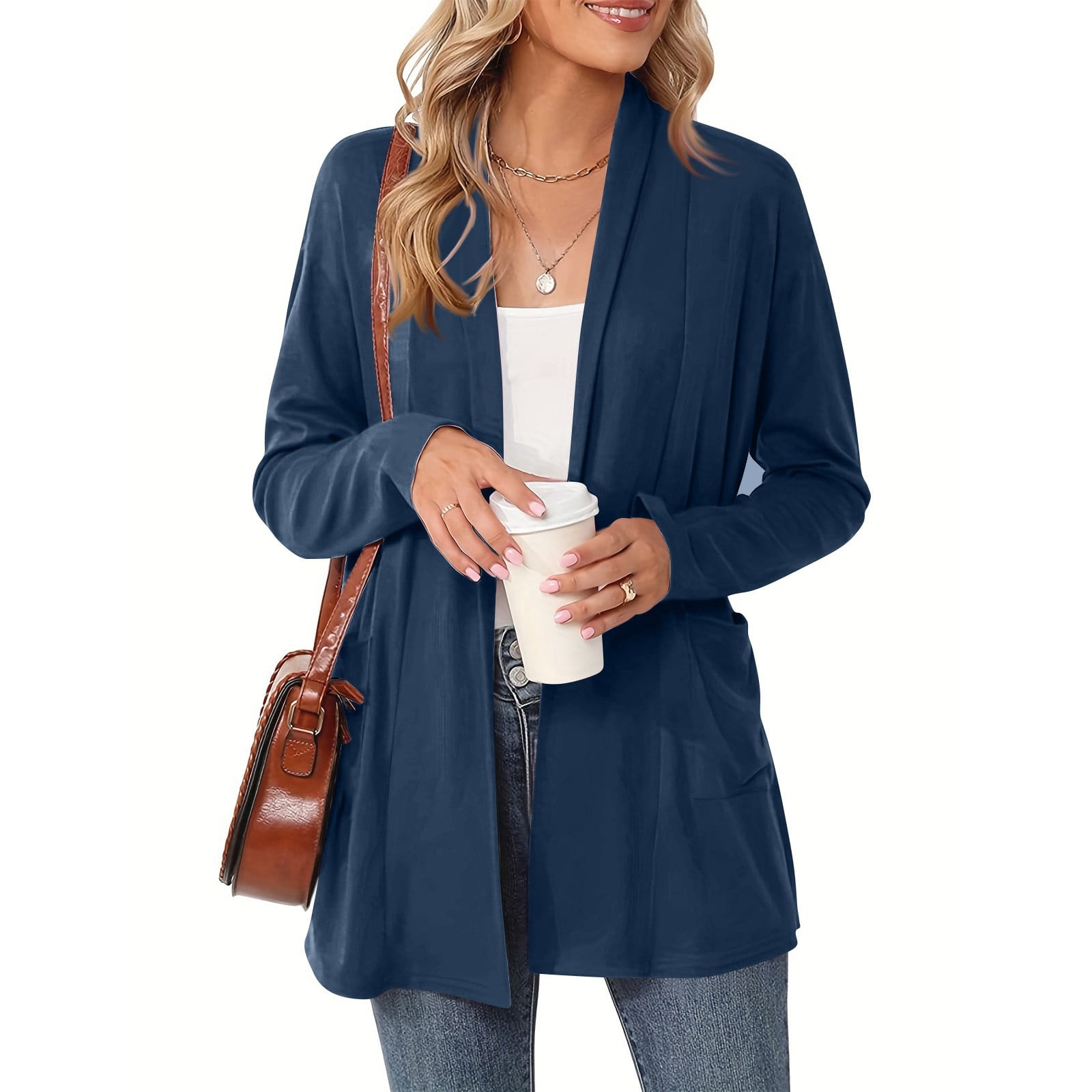 Women's Lightweight Cardigan Sweater Open Front Long Sleeve Thin Knit Jacket Casual Loose Fit Cover Up with Pockets Breathable Layer for Spring Fall,Dark Blue 2XL - image 2