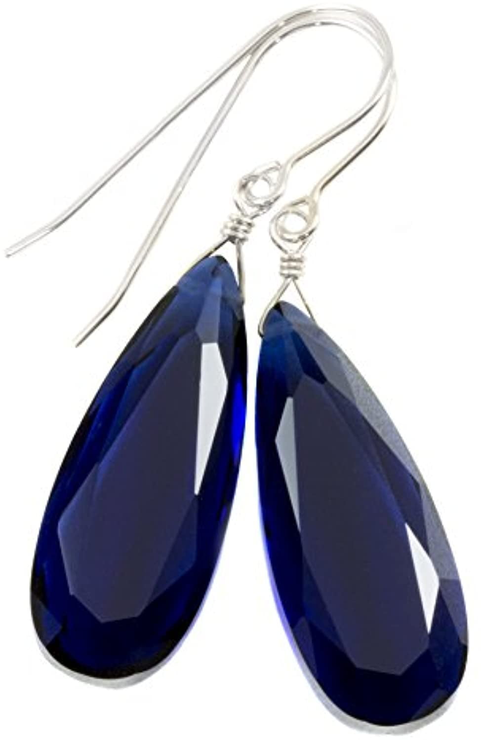 Sapphire Earrings Dark Blue Bezel Double Long Faceted Teardrops 14k Solid Gold