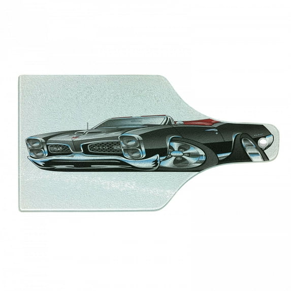 Cars Cutting Board, American Nostalgic Sports Muscle Car with Speeding Wheels Tires Print, Decorative Tempered Glass Cutting and Serving Board, Wine Bottle Shape, Pale Grey Blue, by Ambesonne