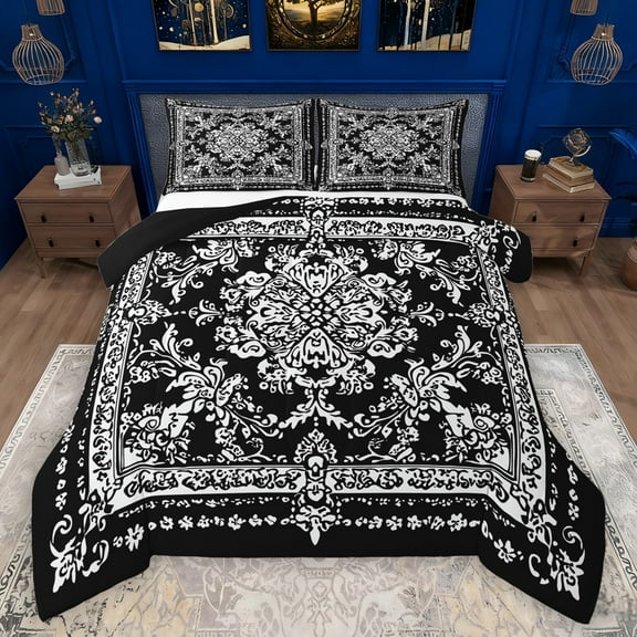 Manfei bohemian Flowers Bedding Comforter Set,Victorian Baroque Damask Twin Comforter Sets,White Black Bedding Set For Girls Kids,Luxury Bedroom Decor Reversible,2 Pieces
