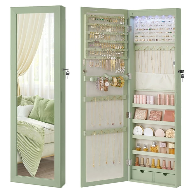 SONGMICS Espejo Joyero LED, 120 cm de Alto con Cerradura, Armario Joyero de Pared o Montado en la Puerta, 10 x 37 x 120 cm, Verde Laurel