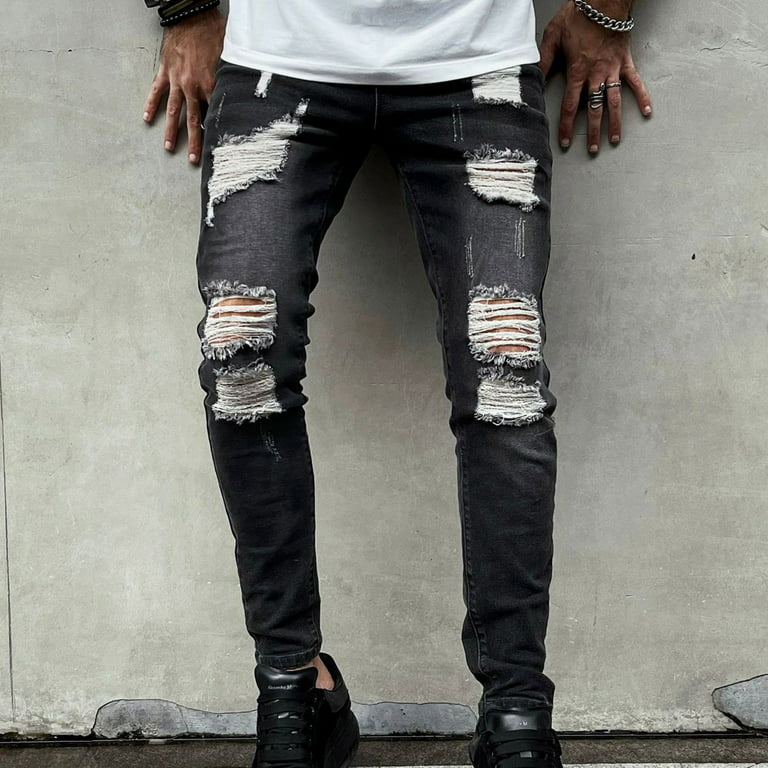 XFLWAM Ripped Jeans for Men Slim Fit Stretch Denim Distressed Destroyed Pants  Mens Jeans with Hole Dark Gray M 