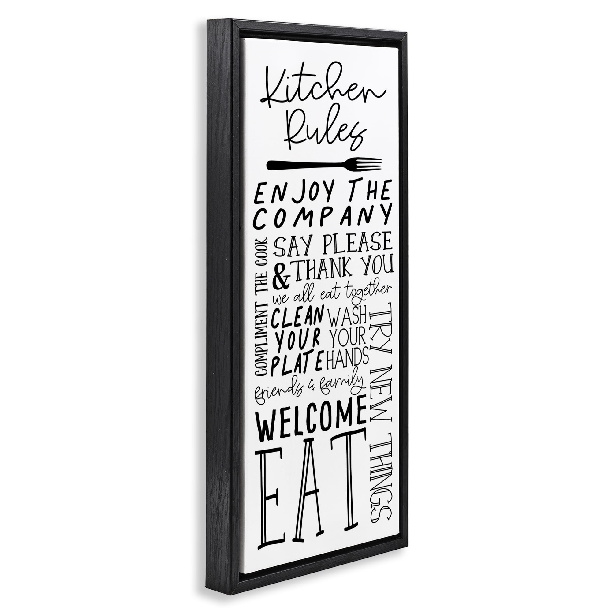 Stupell Industries Kitchen Rules Typography Food & Beverage Painting Black Floater Framed Canvas Art Print Wall Art, 14 x 31