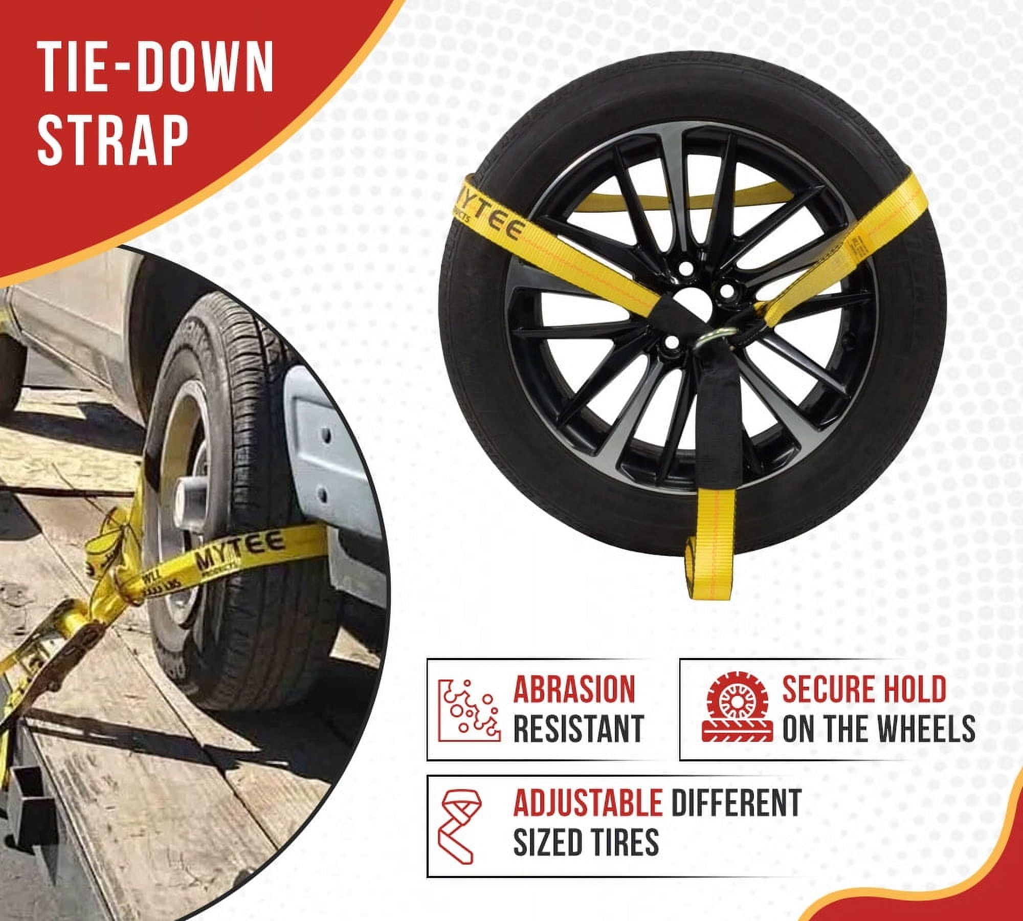 (4 Pack) 2" x 120" Car Tie Down Straps for Trailer with Flat Hook - 3333 LB WLL Lasso Style Tire Straps for Car Trailer with Ratchets - Vehicle Tie Down Wheel Straps for Hauling Cars