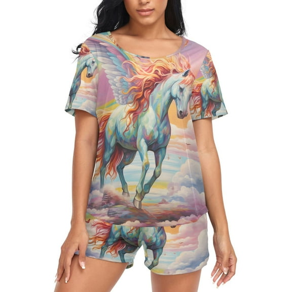 joogoo Women's Pajama Set Unicorn and Rainbow Butterflies Short Sleepwear Loungewear with Pockets M
