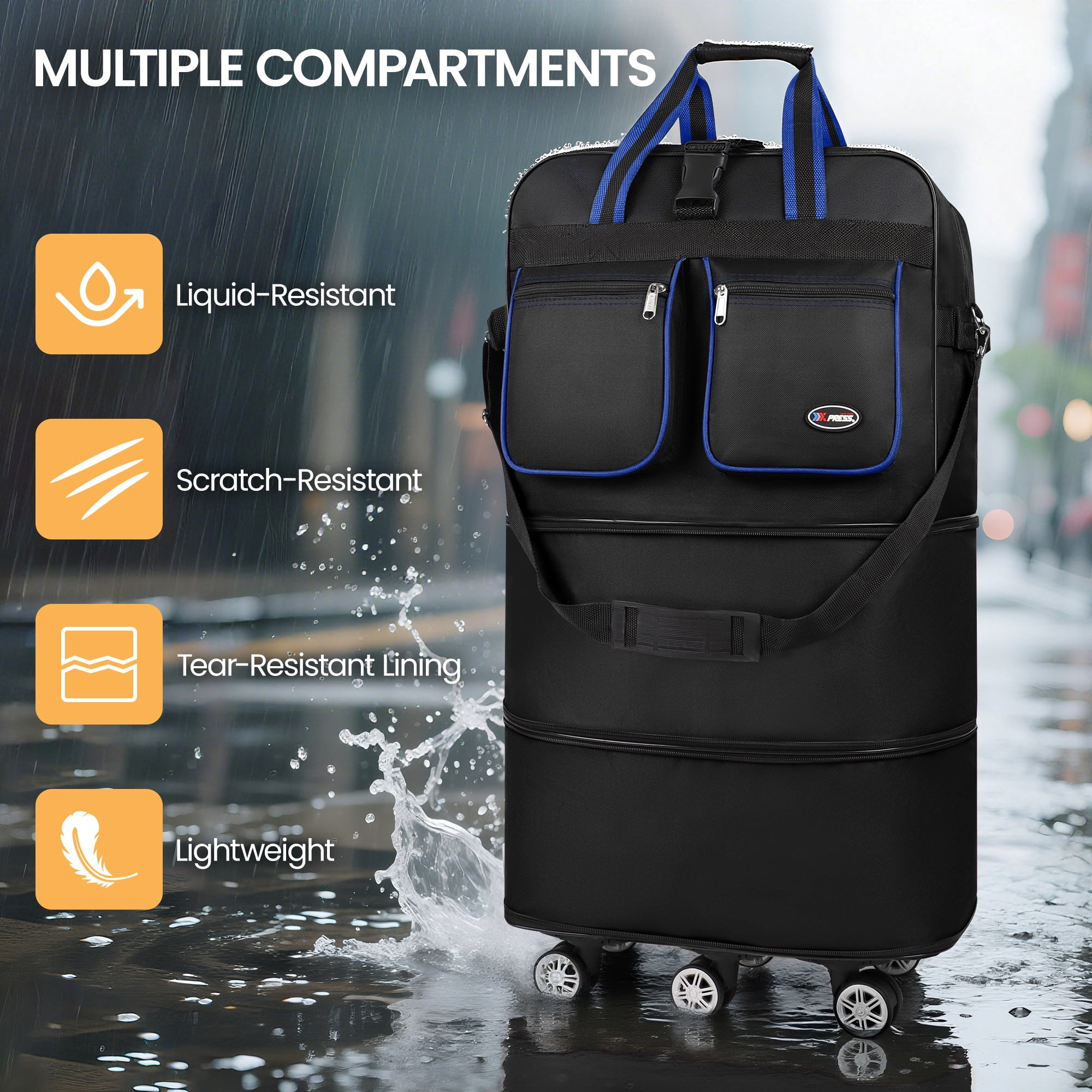 40" Expandable Foldable Luggage Bag,Collapsible Suitcases with Wheels,Lightweight Rolling Duffle Bag for Travel, Moving, Home Storage, Blue/Trim, MEX