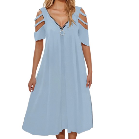 Women's Casual V Neck Sexy Dress Sleeve Hollow Out Zipper Wear Daily Date Outfit Spring Fall Fashion